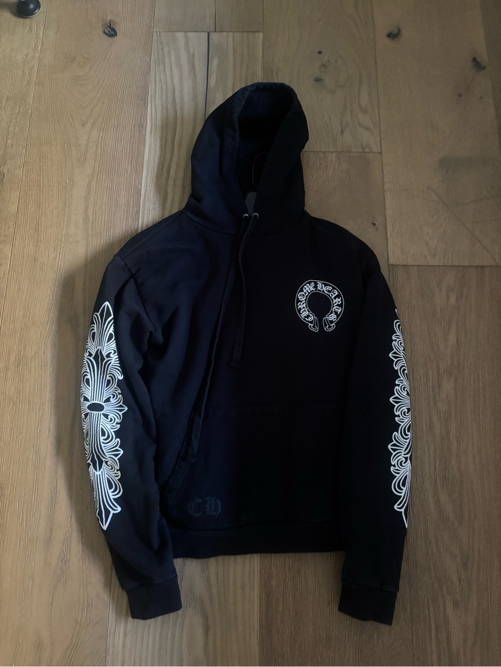 Chrome Hearts Black Hoodie with White Sleeve Cross Motifs
